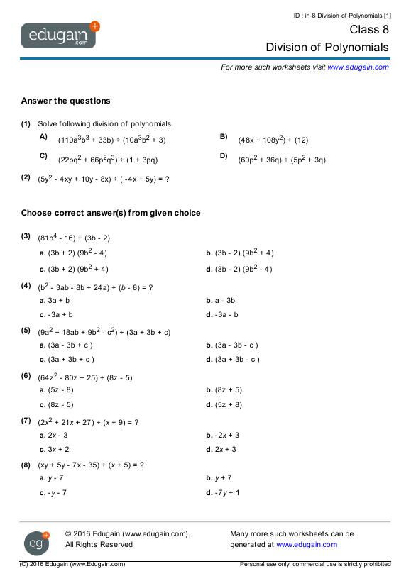 Class 8 Math Worksheets and Problems: Division of Polynomials | Edugain