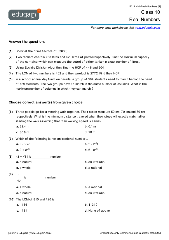 Class 10 Real Numbers Math Practice Questions Tests Worksheets Quizzes Assignments 