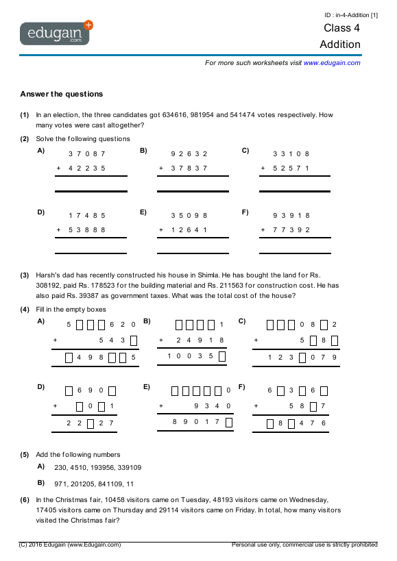 Class 4 Addition Math Practice Questions Tests Worksheets Quizzes Assignments Edugain