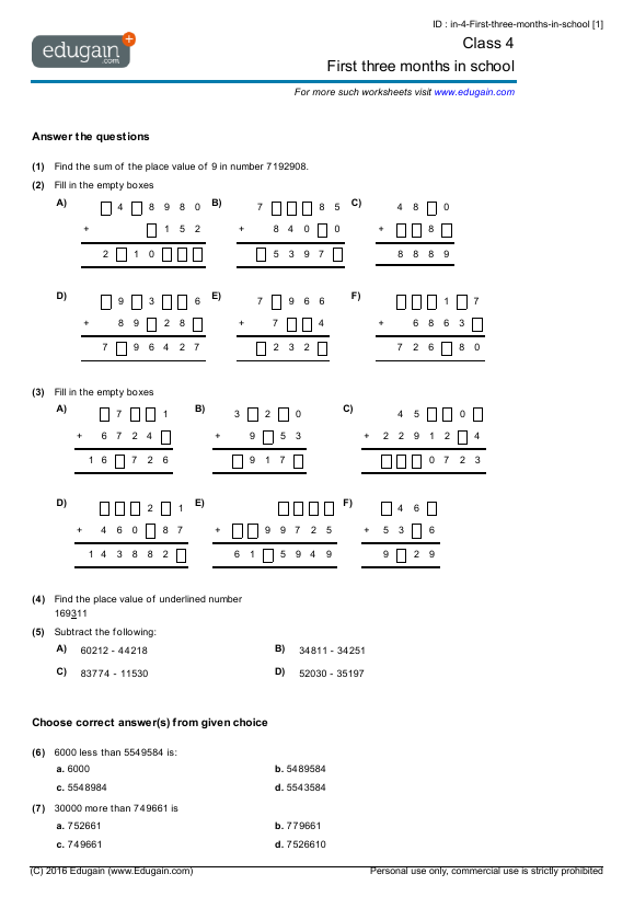 mental class for worksheets 4 maths icse board Problems: three Class Worksheets Math 4 First and months