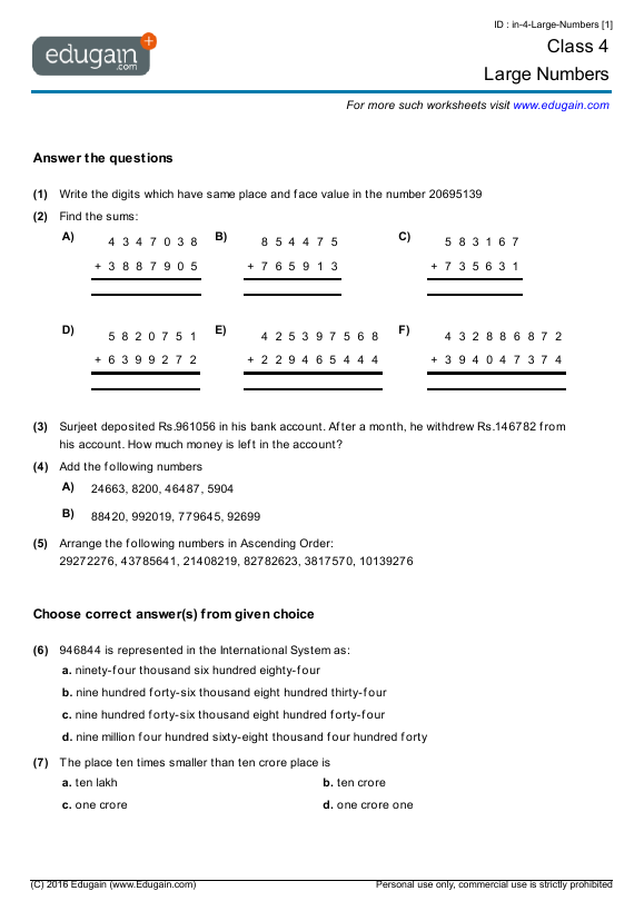 Class 4 Large Numbers Math Practice Questions Tests Worksheets Quizzes Assignments