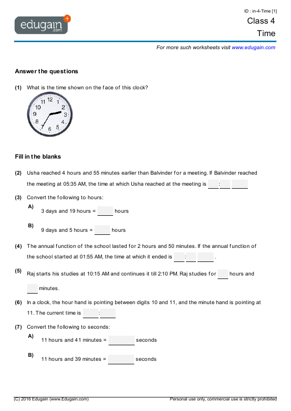 Class 4 Time Math Practice Questions Tests Worksheets Quizzes Assignments Edugain India