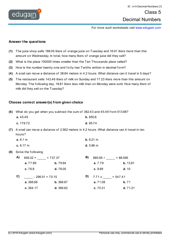 maths worksheet for class 5