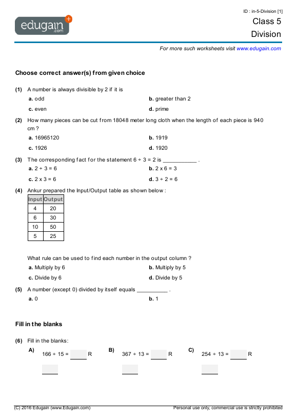 class 5 division math practice questions tests