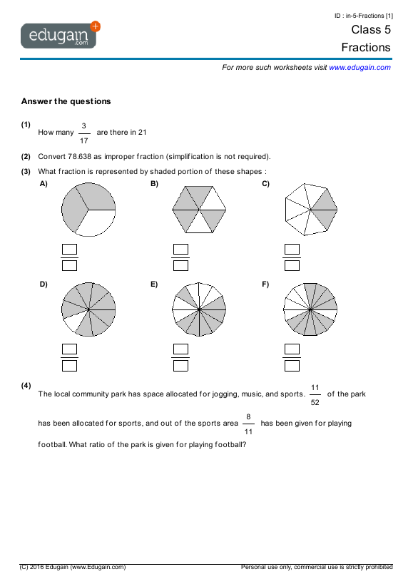 Class 5 Fractions Math Practice Questions Tests Worksheets Quizzes Assignments