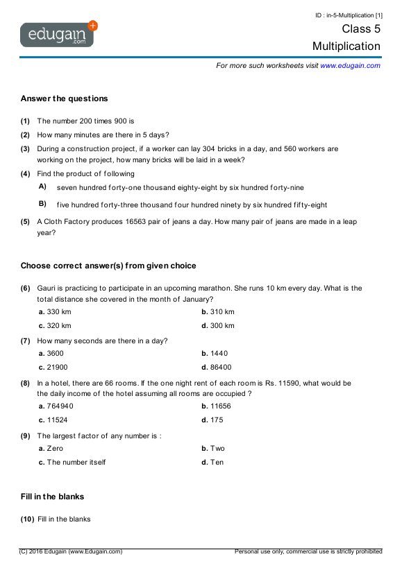  Class 5 Multiplication Math Practice Questions Tests Worksheets Quizzes Assignments 