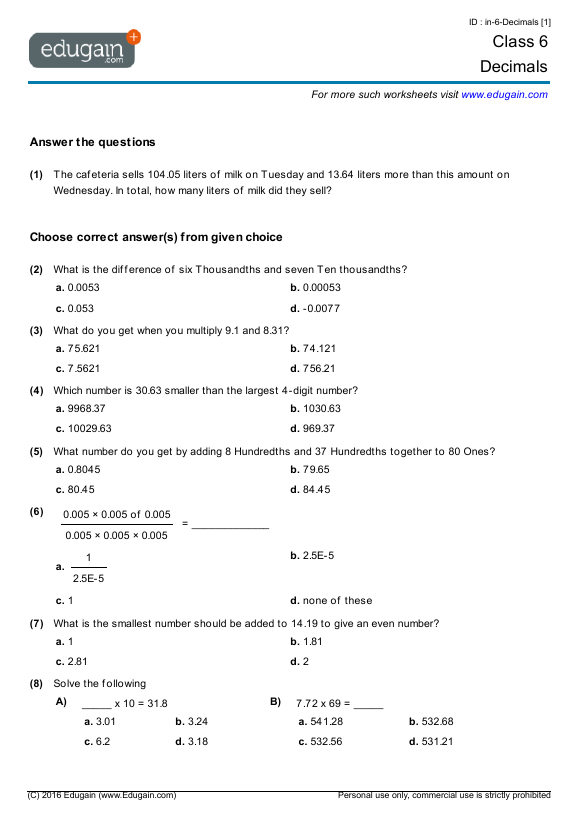 Class 6 Decimals Worksheet With Answers Pdf