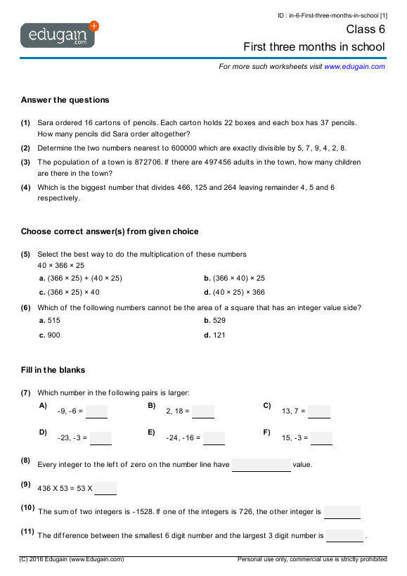 Class 6 - First three months in school | Math Practice, Questions ...