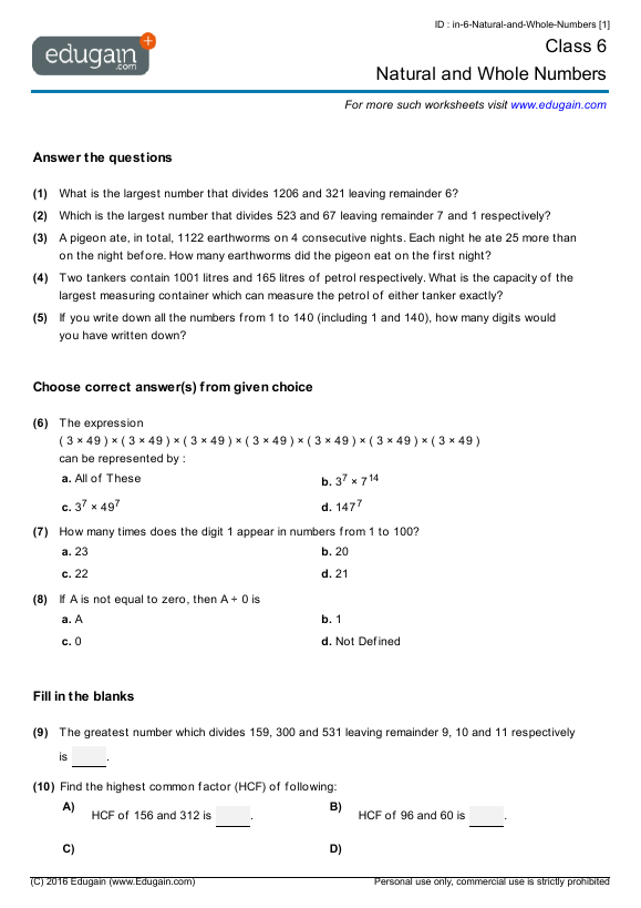 Class 6 Maths Worksheet On Whole Numbers