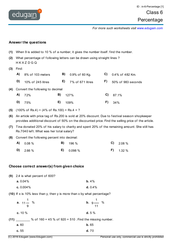 Class 6 Maths Worksheets India