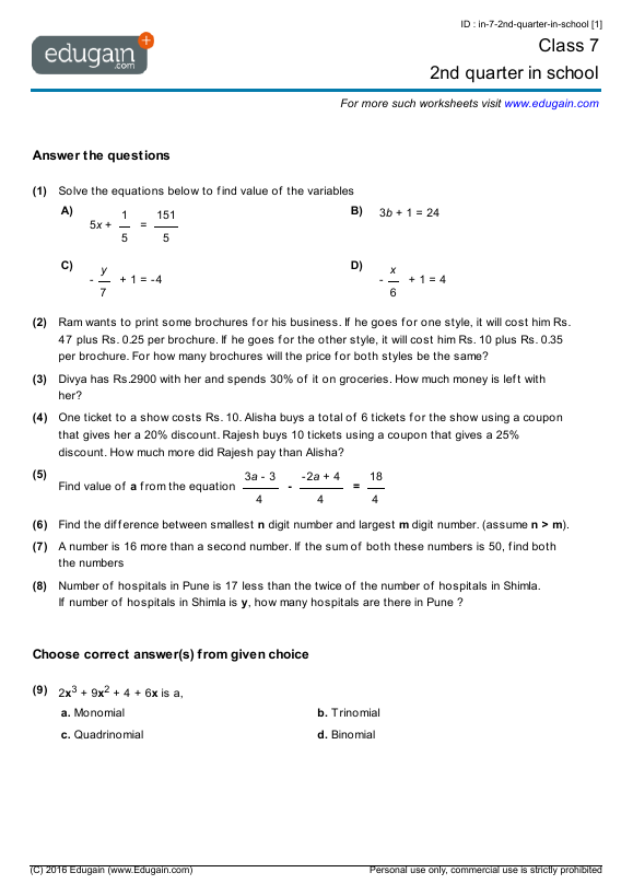 quarter math 2nd exam 7 Problems: Worksheets Math in Class and quarter 2nd 7