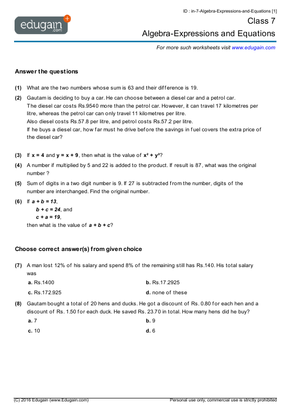 Class 7 Math Worksheets and Problems: Algebra-Expressions ...