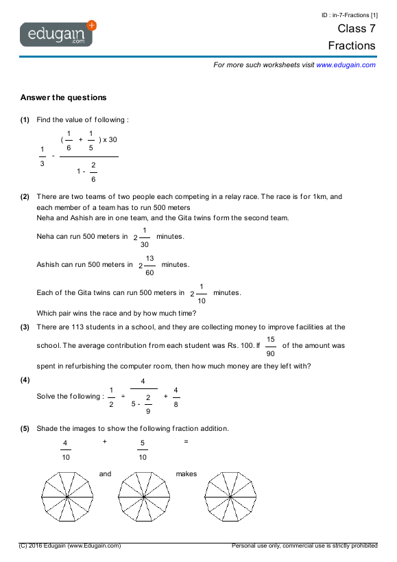 Class 7 Fractions Math Practice Questions Tests Worksheets 