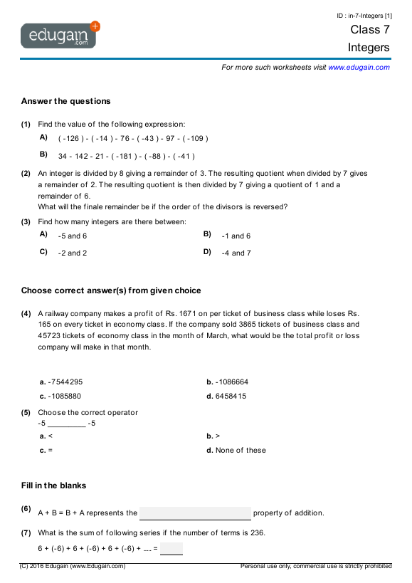 class-7-integers-math-practice-questions-tests-worksheets