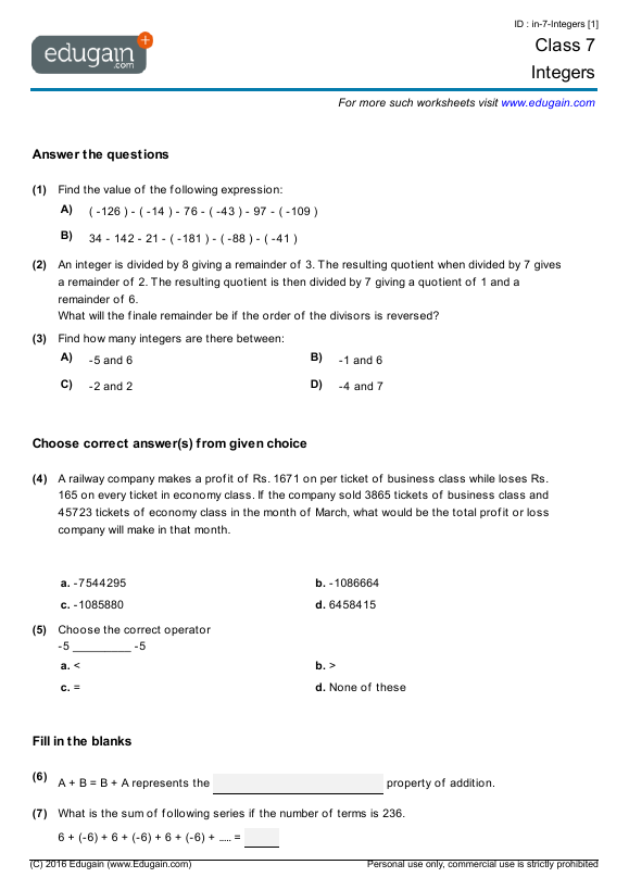 Class 7 Integers Math Practice Questions Tests Worksheets 