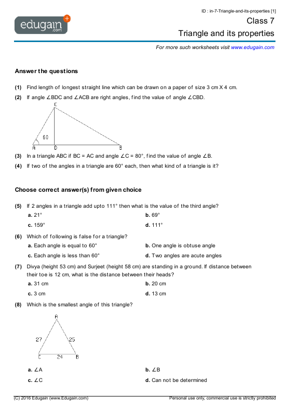 icse class sums for 4 maths Triangle Class 7 its and Math Problems: and Worksheets