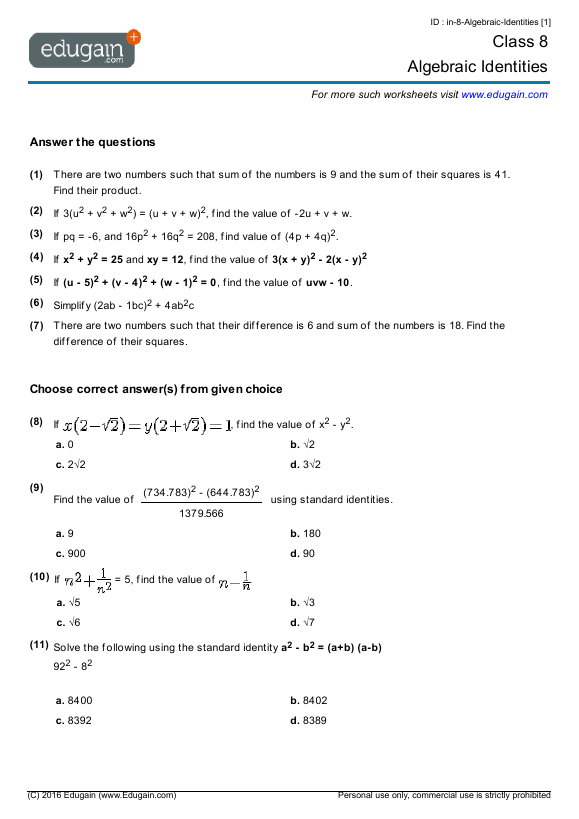 Class 8 Math Algebraic Expressions Worksheets