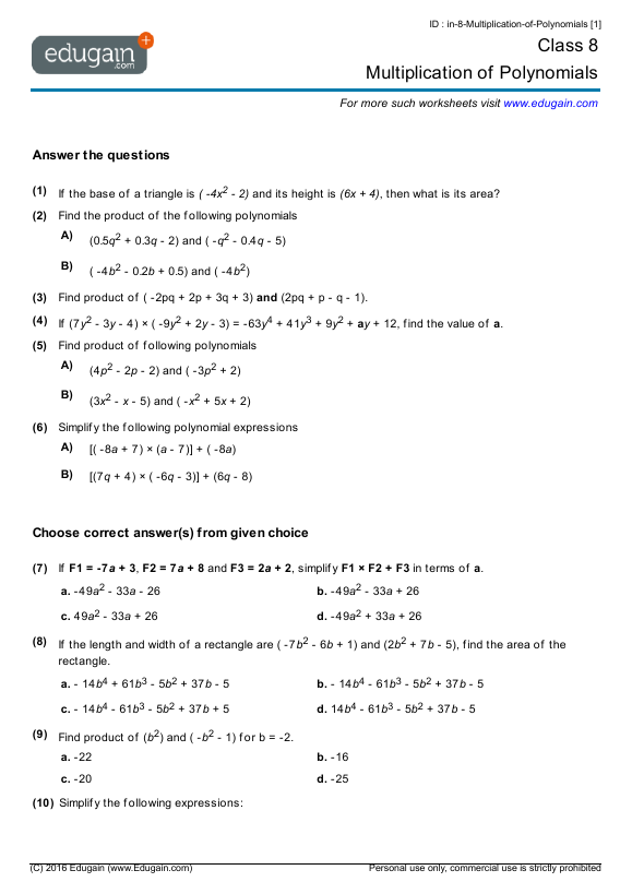 Class 8 Multiplication Of Polynomials Math Practice Questions Tests Worksheets Quizzes
