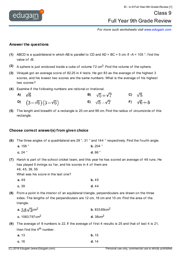 Class 9 Math Worksheets and Problems: Full Year 9th Grade ...