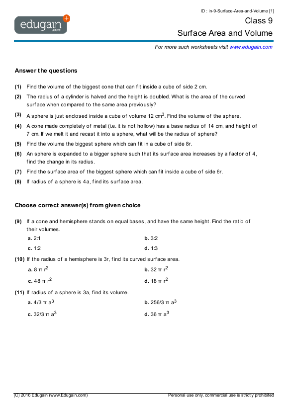 class 9 surface area and volume math practice questions tests